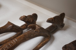 Three African tribal figural carvings including one Dogon maternity figure, largest 82cm. Condition - some cracking